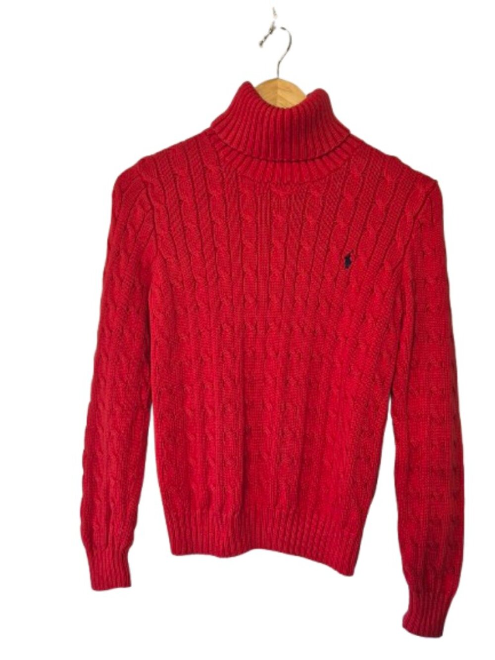Ralph Lauren Sport Red Cable Knit Cotton Turtle Neck Sweater Size Medium